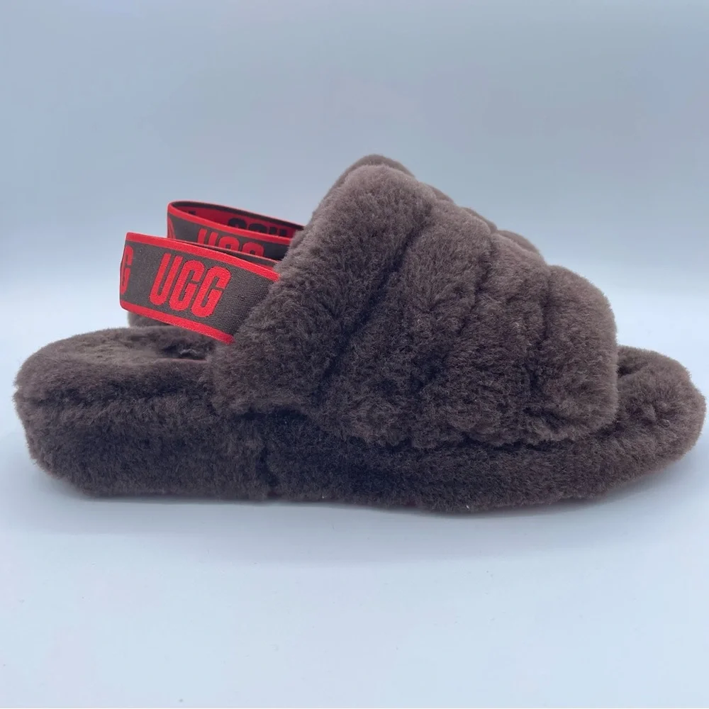 UGG Fluff Yeah Slides 7 Brown/Red - Picture 2 of 16